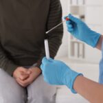 Doctor taking sample for STD testing from man in clinic, closeup